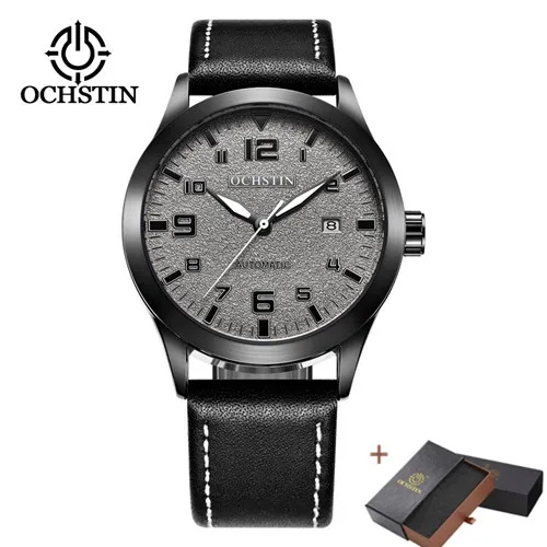 black gray Add box Роскошный топ бренд OCHSTIN автоматические часы для мужчин водонепроницаемый Дата Спорт для мужчин кожа механические наручные часы Мужские часы Мода relogio - Цвет: black gray Add box