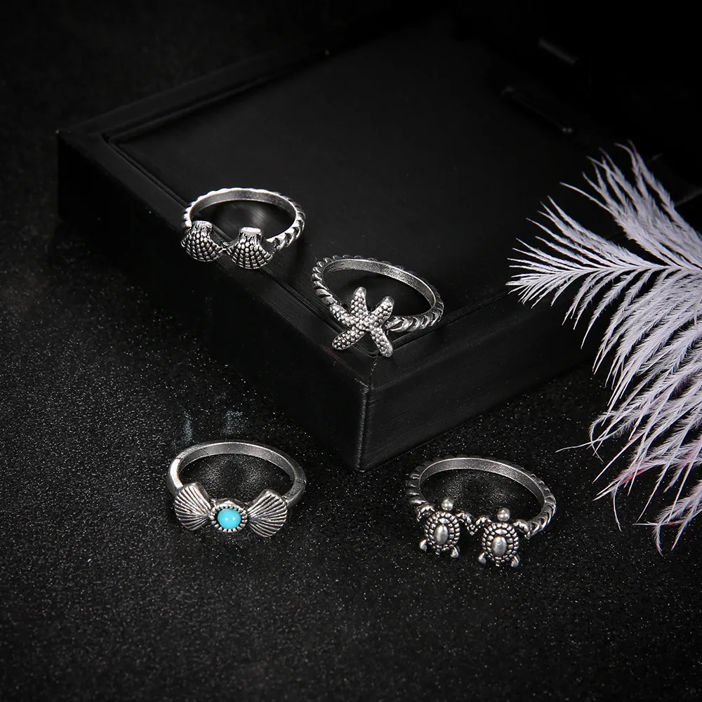 Fashion accessories vintage Bohemia beach style alloy shell starfish turtle stone 4 pieces set of finger rings for women Jewelry | Украшения