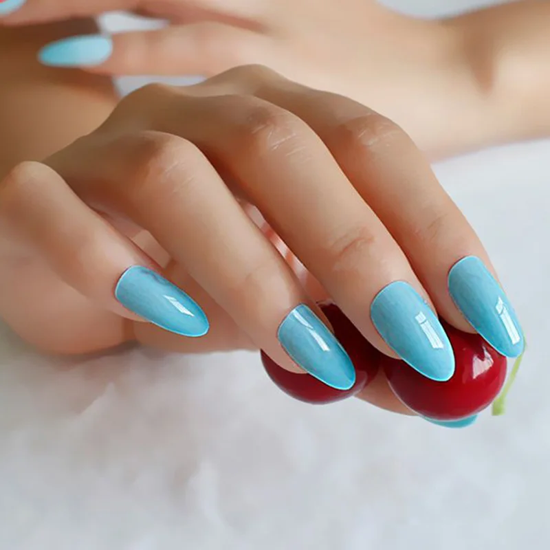 24 шт./компл. небесно-голубые накладные ногти острый конец французские для дизайна