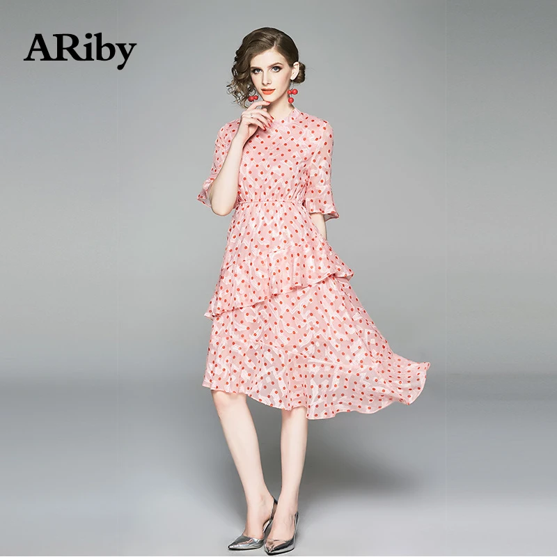 ARiby женское платье Элегантное летнее платье женское французское ретро платье с асимметричным принтом красное платье в горошек с оборками и круглым вырезом по колено