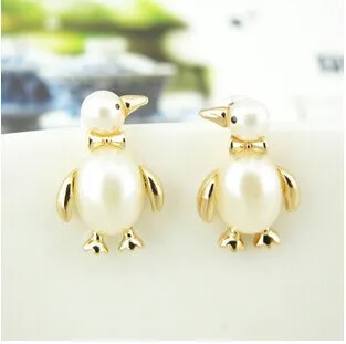 Серьги-гвоздики с жемчужным бантом и пингвином/Роскошные корейские ювелирные