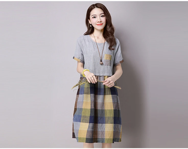 Zomerjurk dames, летнее платье с коротким рукавом, женское клетчатое лоскутное платье, свободные рубашки, плюс размер, хлопковые льняные платья