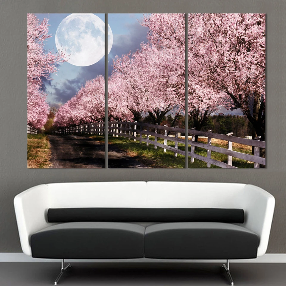 

Unframed 3 Piece Cherry Blossom in Moonlight Canvas Artworks Printed Oil Painting Home Decor for Living Room Free Shipping