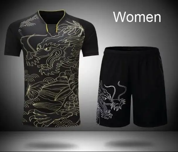 Women Black Shirt Китайская форма дракона теннисные футболки+ шорты, детские женские футболки для бадминтона, мА длинный пинг-понг Джерси, теннисные скатерти - Цвет: Women Black Shirt