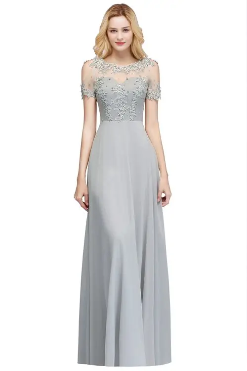 Robe demoiseur d'honneur, сексуальное, иллюзионное, кружевное платье подружки невесты, длинный халат, ТРАПЕЦИЕВИДНОЕ шифоновое платье, платье для выпускного вечера, вечерние платья - Цвет: Серебристый