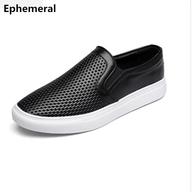 Male Cow Leather Shoes Breathable Cut-outs Loafers Summer Slip-on Men Casual Plus Size 48-38 Black White Brand New 2017 Low Top | Обувь