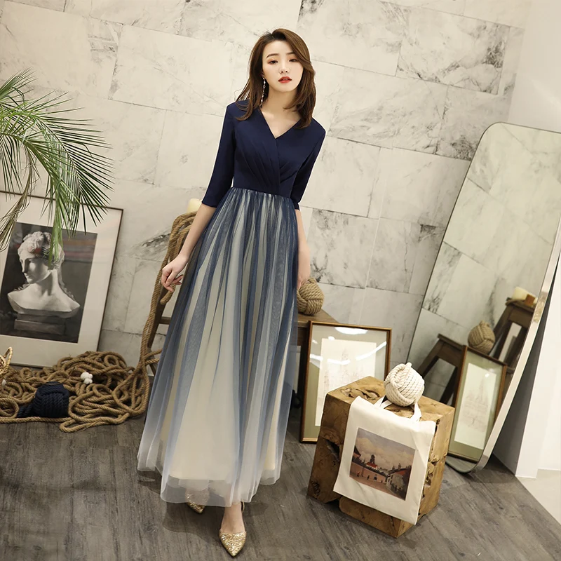 

2020 Navy Blue Evening Dresses Tulle A-line Lace Half Sleeve Long Formal Evening Ladies Gowns Elegant Lange LF274