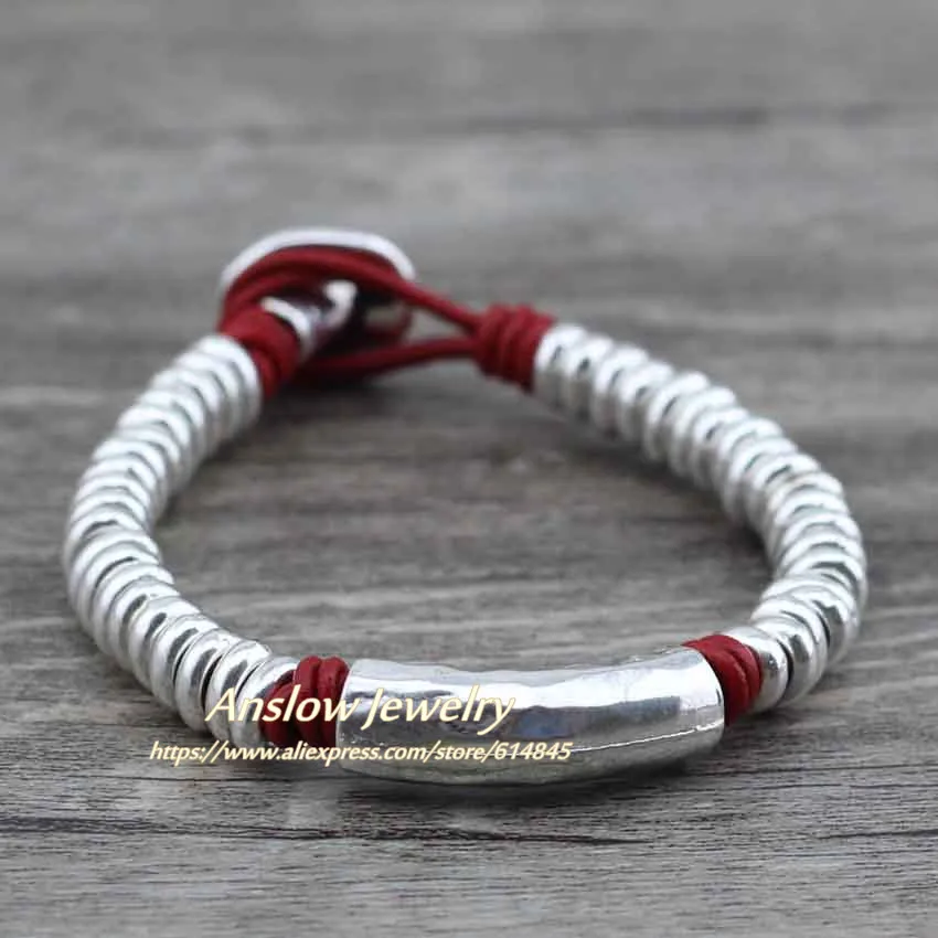 Anslow 2017 Новый Стиль Античный посеребренный браслет с бусинами кожаный для женщин