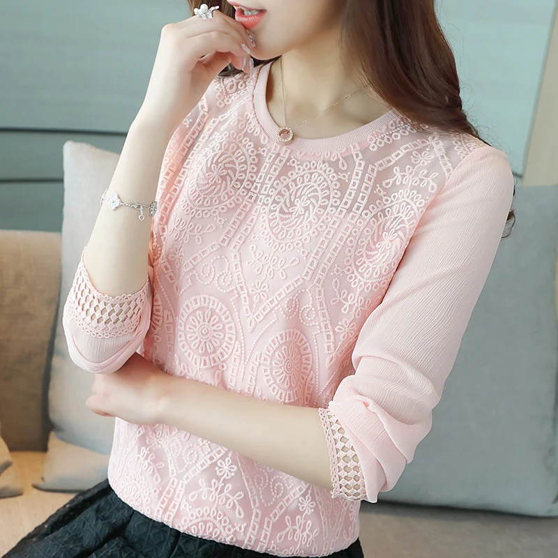 2017 Корейская стильная шифоновая кружевная женская блузка с длинными рукавами