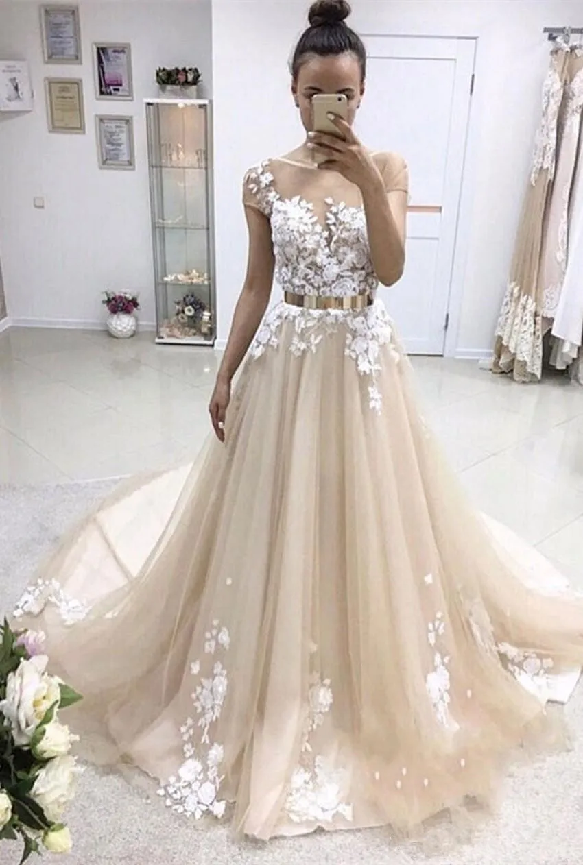 

Champagne A-Line wedding dress Lace Appliques vestido De Noiva Latest Short Sleeve Tulle wedding gowns Bridal Gowns