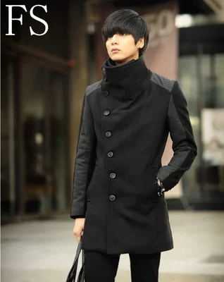 Черное шерстяное пальто средней длины для мужчин приталенный осенний