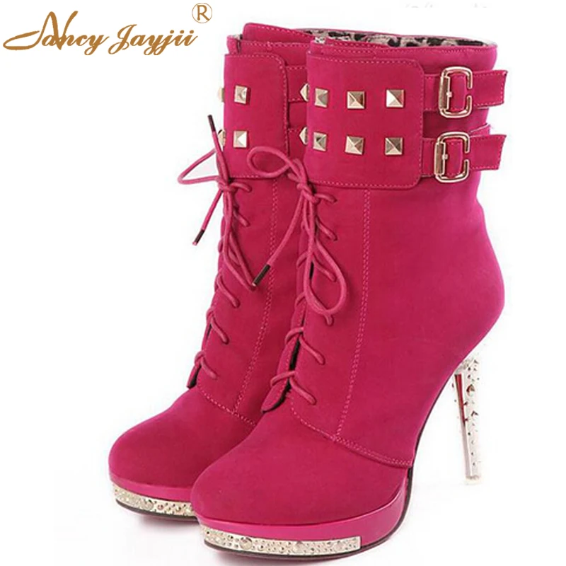 

Red Rivet Women Fashion Flock Thin Heels Ankle Zipper Boots Smoke Lace-Up Front Shoes Woman Party&Evening Plus Size 4-16