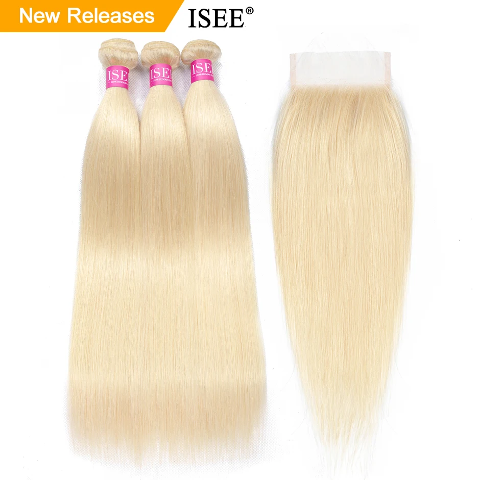 

ISEE HAIR Straight 613 Bundles With Closure 3 Bundles Brazilian Hair Weave Bundles Virgin Human Hair Blonde Bundles With Closure