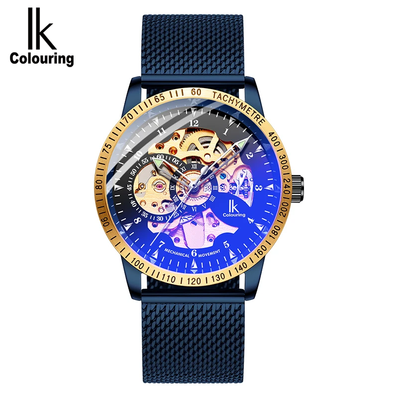 

Mens Watches Mesh Stainless Steel Band Automatic Mechanical Male Clock IK Colouring Skeleton Steampunk Relogio Masculino