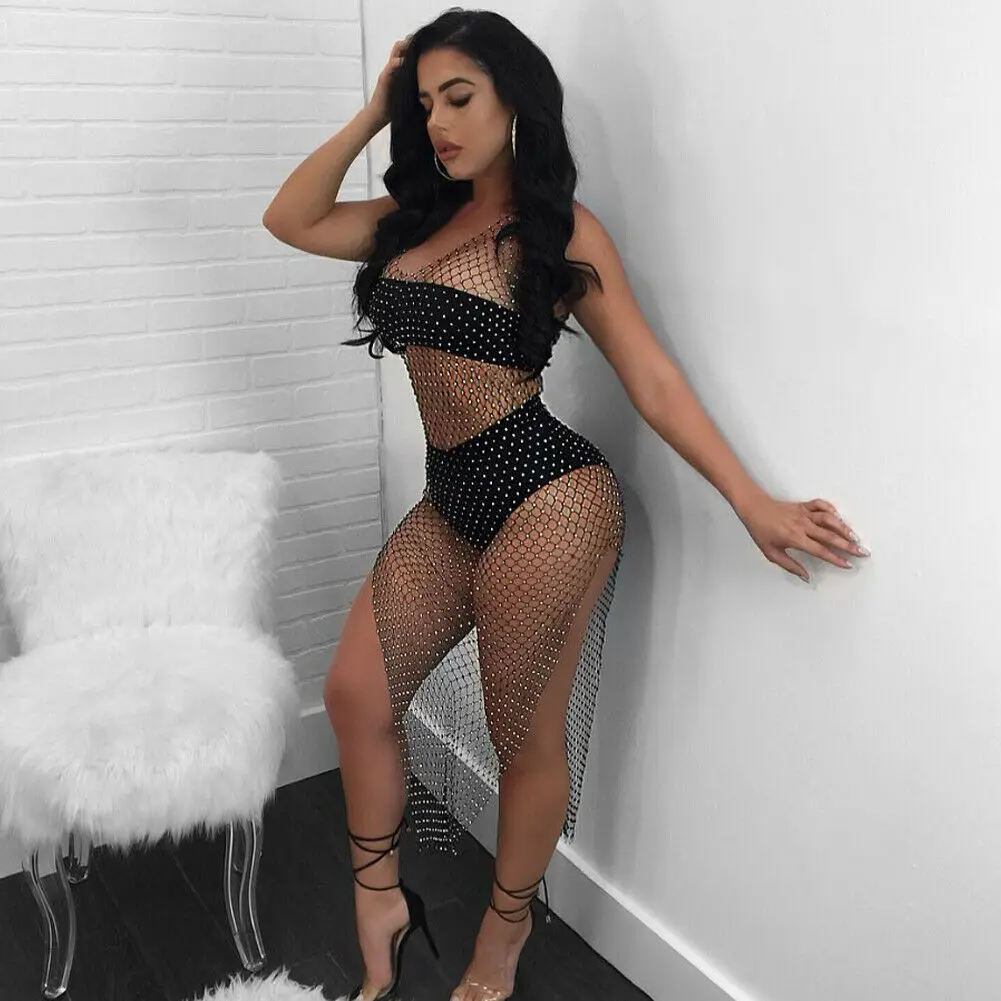 Женский купальник бикини Пляжное Платье накидка с сеткой украшенное