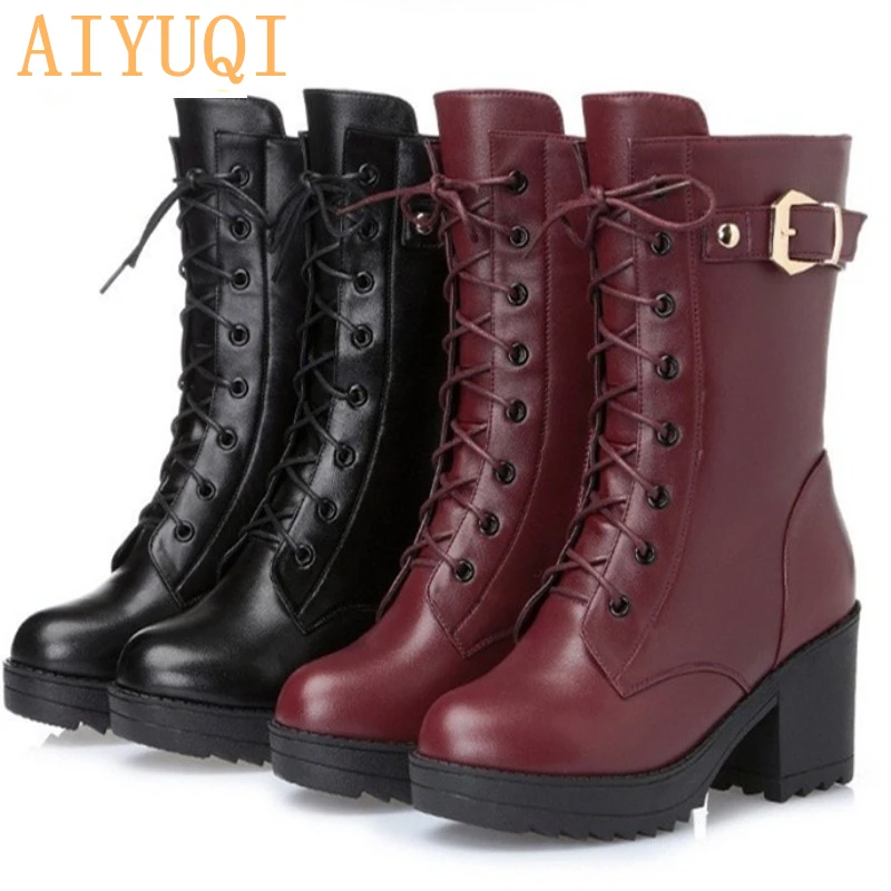 AIYUQI; Новинка года; Дизайнерская обувь; женские ботинки с шерстяной подкладкой из натуральной кожи; женские зимние ботинки на высоком каблуке
