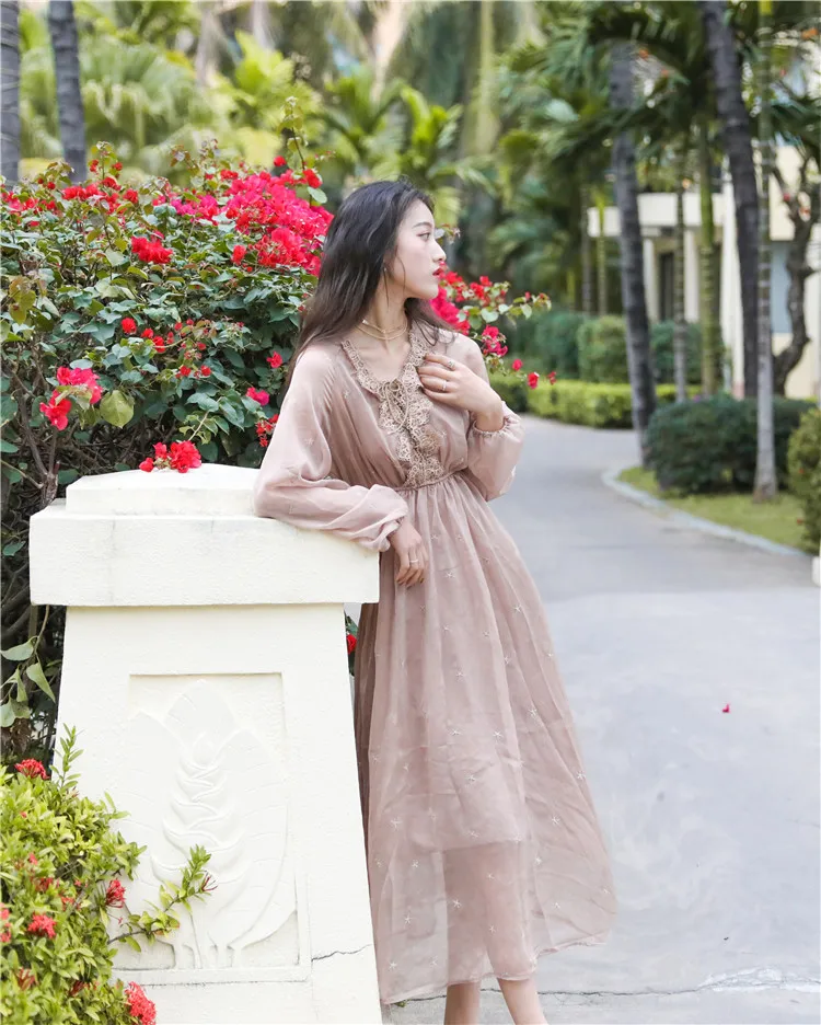 Кружевное платье с вышивкой в виде звезд в стиле бохо, женское длинное платье на шнуровке с длинным рукавом, повседневное пляжное платье, новинка