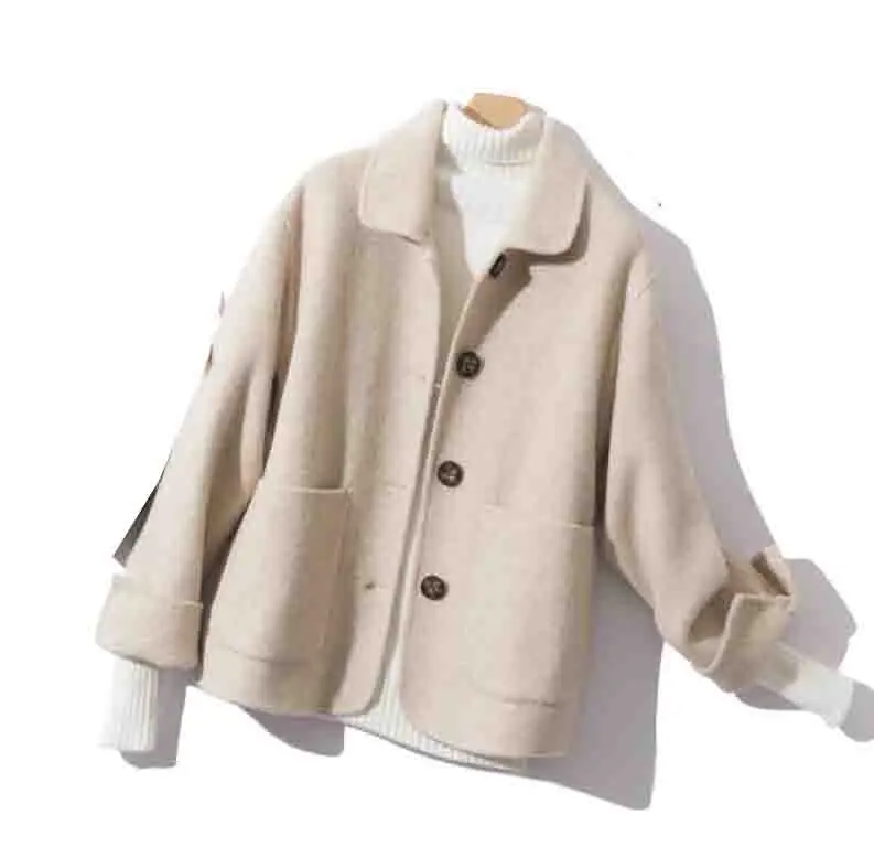 Wool Coat Women Spring Autumn high quality Double-sided Cashmere Jacket Long sleeve Casual plus size Short Coats - Цвет: Beige grid