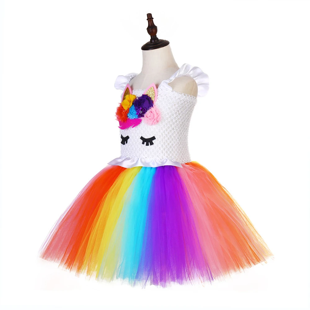 Bright Rainbow Pony Unicorn Birthday Dress for Teens White Ruffles Wedding Girls 12 Age Pattern Tutu | Детская одежда и обувь