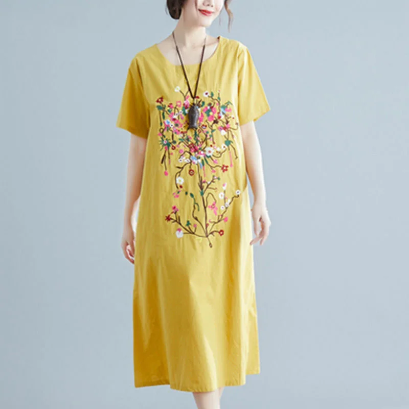 Длинное платье футболка женское Хлопковое с вышивкой Элегантное летнее