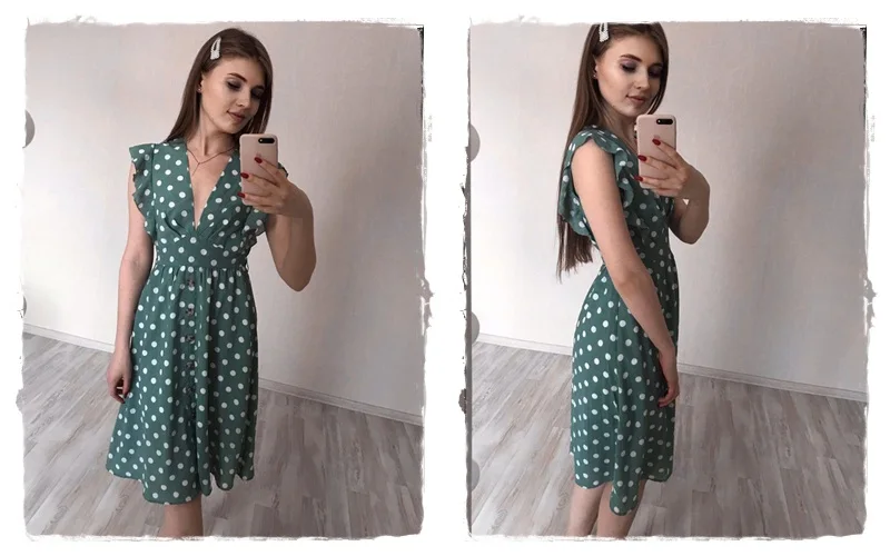 Женское зеленое платье в горошек Simplee, элегантное повседневное платье с рюшами для лета, привлекательное мини платье с v-образным вырезом для отдыха и пляжа