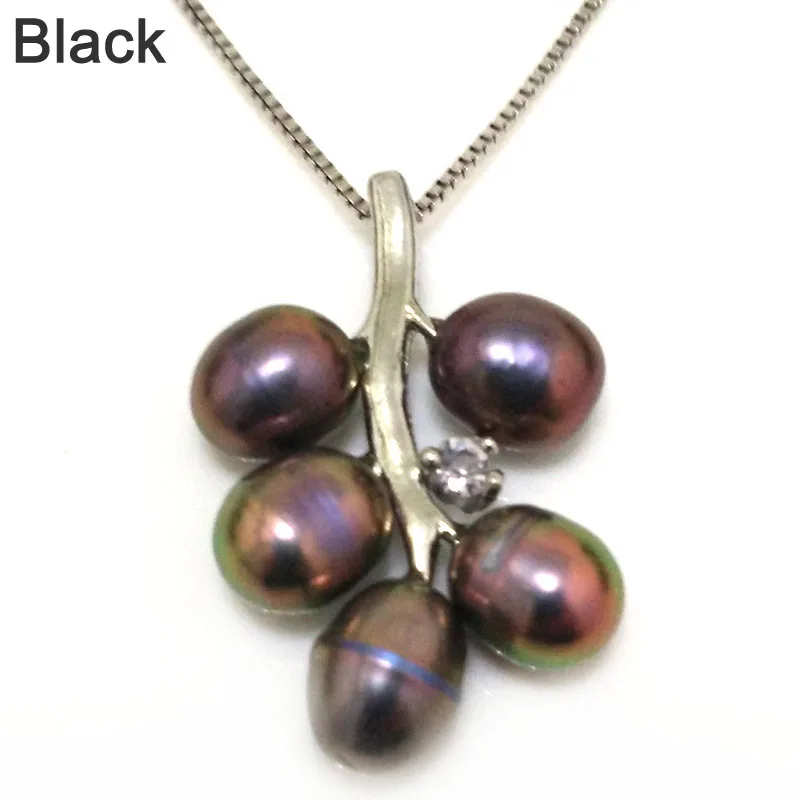

18 inches Grape Style 6-7mm Black Natural Rice Pearl 925 Sterling Silver Pendent Necklace with Zirconia