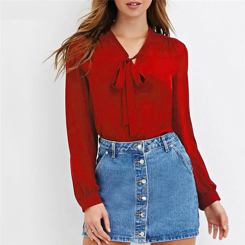 Новинка 2019 женская шифоновая блузка рубашка Женская Однотонная с бантом