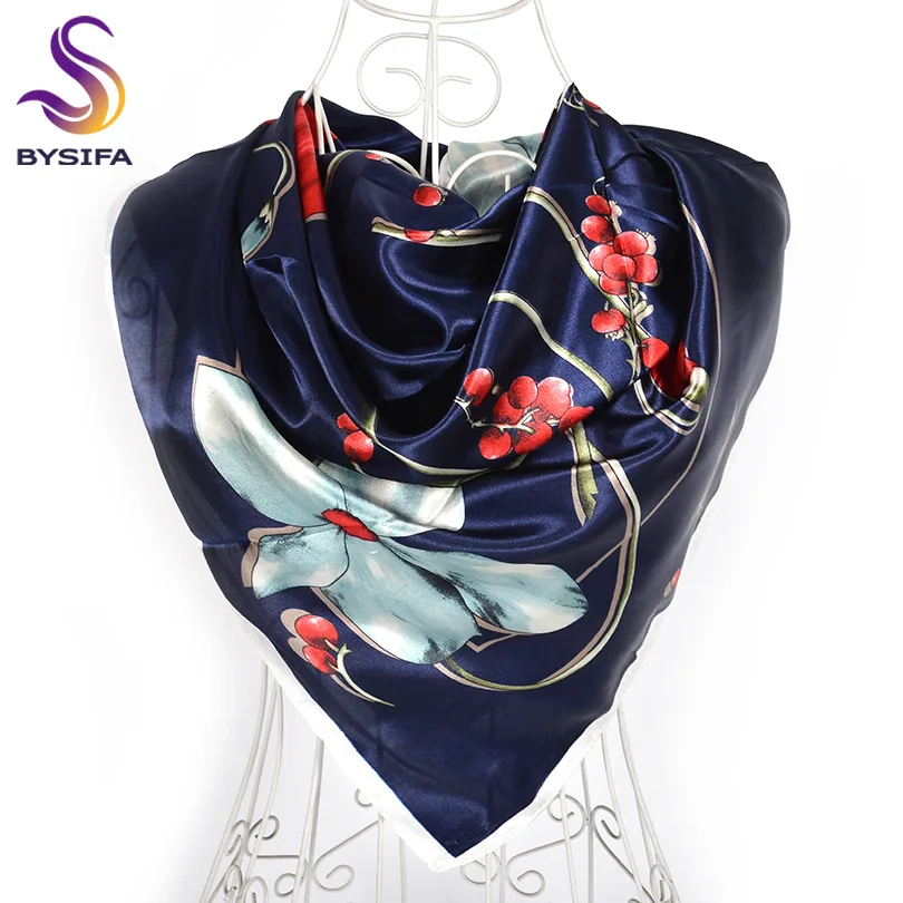 navy blue red 607 Дизайн женский Шелковый большой квадратный шелковый шарф из полиэстера, 90*90 см горячая Распродажа атласный шарф с принтом для весны, лета, осени, зимы - Цвет: navy blue red 607