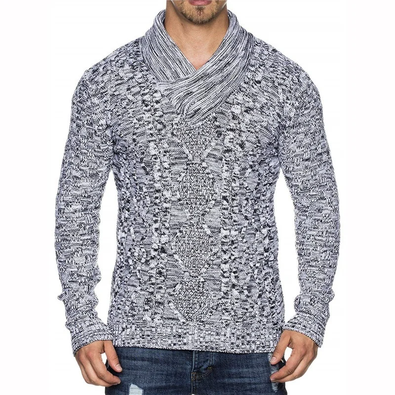 Мужской вязаный свитер с воротником шарфом приталенный в стиле хип хоп уличная