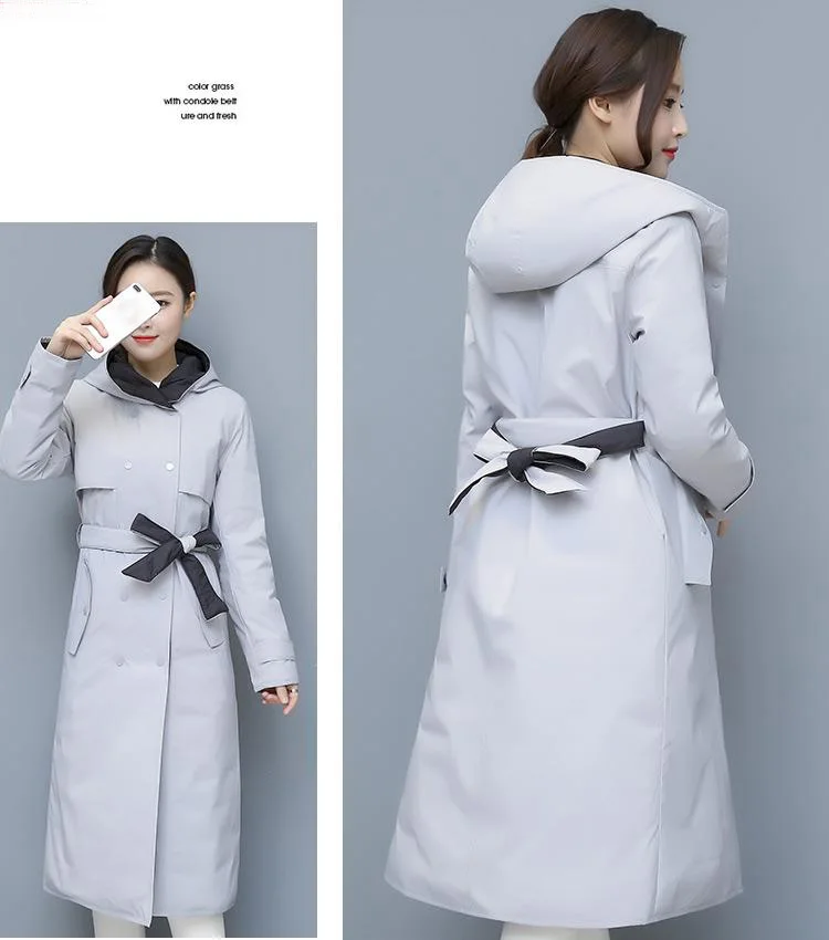Осенне-зимний Двусторонний пуховик женский Тонкий светильник с капюшоном 90% утиный пух пальто с поясом Женская длинная парка