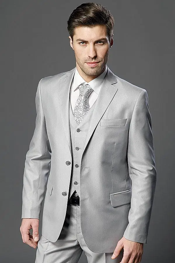 2017 New Arrivals Two Buttons Light Grey Groom Tuxedos Notch Lapel Groomsmen Wedding Prom Suits ( jacket+Pants+vest+tie)
