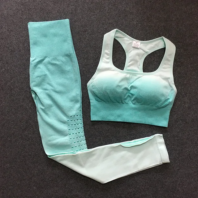 Green 2Pcs Set 2 шт., бесшовный комплект для йоги с эффектом омбре, комплекты для спортзала, женская одежда для спортзала, спортивный бюстгальтер+ леггинсы, Женская Спортивная одежда для спортзала, Женский костюм для фитнеса - Цвет: Green 2Pcs Set