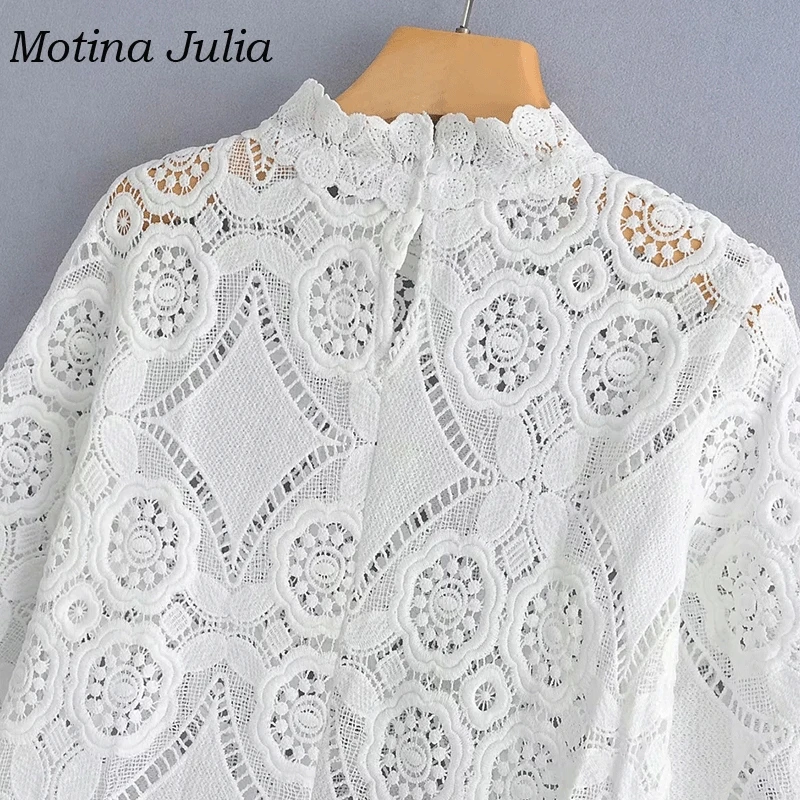 Motina Julia летние белые кружевные блузы рубашки Топы женские 2019 прозрачные вязаные
