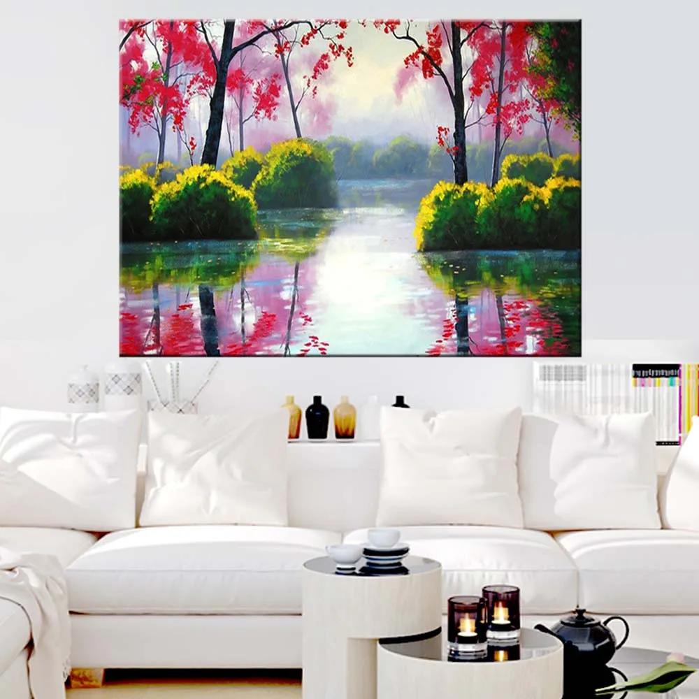 

100% Hand Painted Abstract Tree River Landscape Canvas Oil Painting Abstract Tree River Wall Picture Living Room Home Decor Art