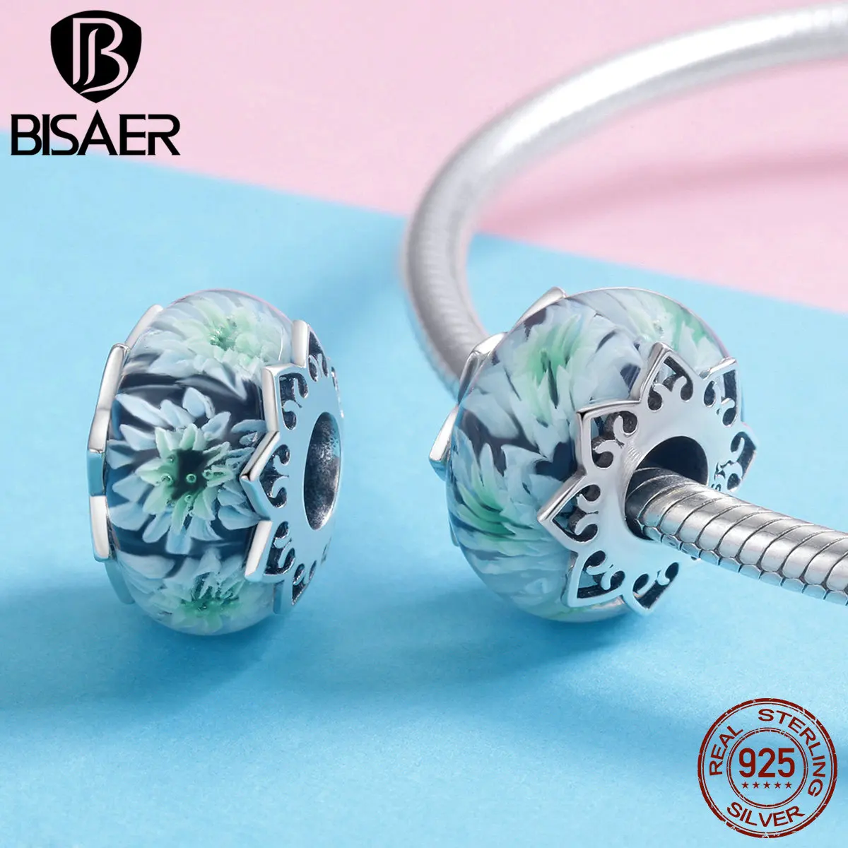 BISAER High Quality 925 Sterling Silver Cyan Flower European Glass Beads Perles fit Charms Bracelets DIY Jewelry Making ECC1011 | Украшения