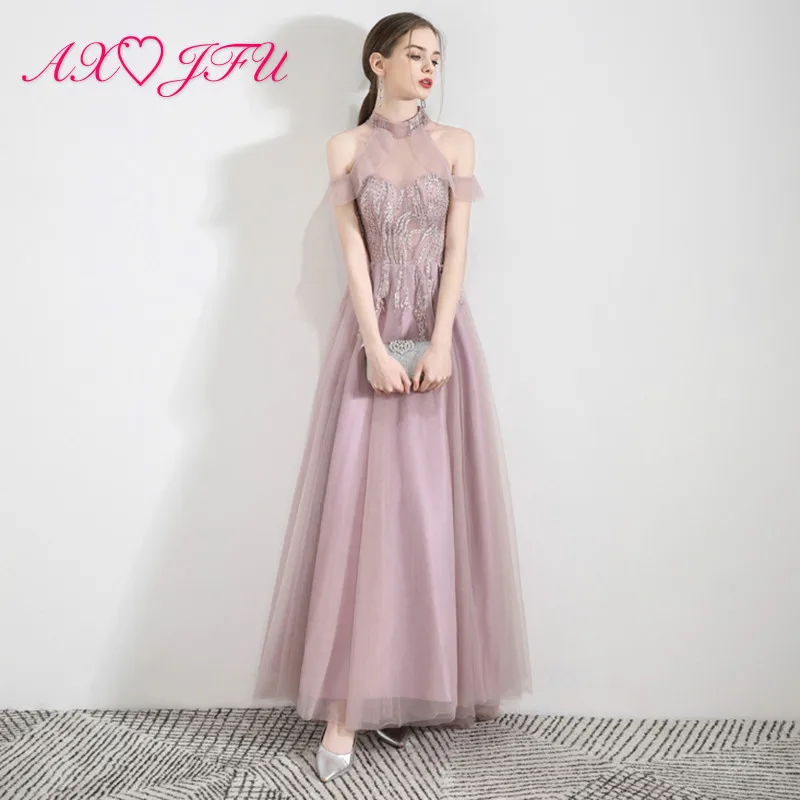

AXJFU Princess pink lace beading crystal evening dress luxury halter ruffles diamond a line flower lace long evening dress