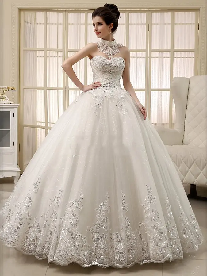 

Ensotek New Sequined Appliques Pearls Ball Gown Wedding Dress 2020 Floor Length Muslim Bridal Wedding Gowns robe de mariage