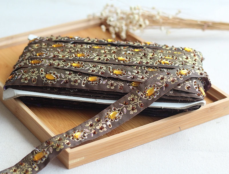 2 ярда кофейный + золотой высококачественный ручной работы с бисером и блестками