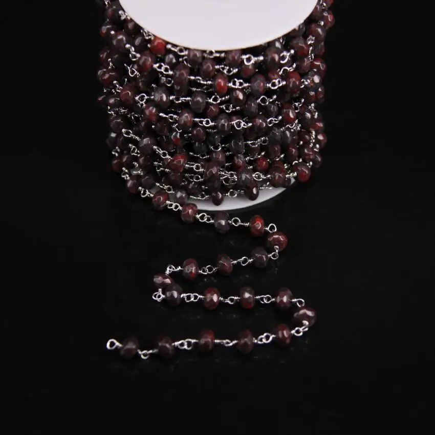 

5Meters,5x8mm Red Unakite Stone Faceted Rondelle Beaded Chain,Natural Jaspers Gems Plating Silver Wire Wrapped Rosary Chain