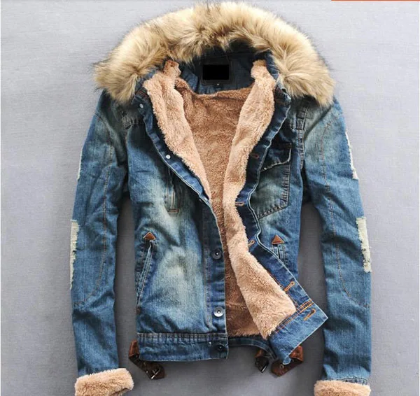 blue S/4XL джинсовые куртки мужские с меховым воротником плюс толстый бархат джинсы Верхняя одежда Пальто Roupas Masculinas верхняя одежда J176 - Цвет: blue