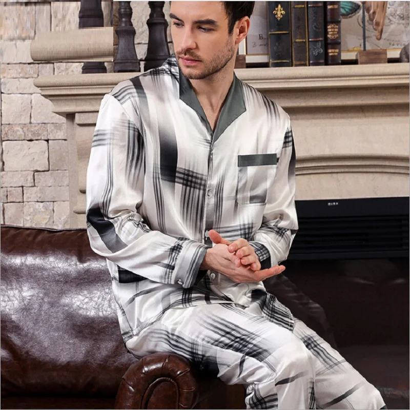 Пижамный комплект шелковые пятна для мужчин 2019 летние длинные рукава и штаны