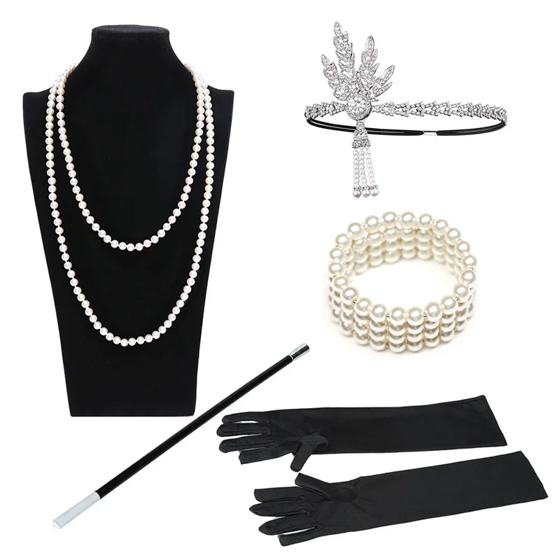 Набор аксессуаров 1920s женский головной убор браслет ожерелье перчатки и сигареты