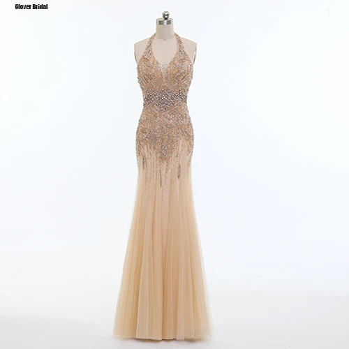Cabestro rebordear lentejuelas Cristales Piedras Шампань de lujo Vestidos de gala Largos ЭЛЕГАНТ сексуальный para ni as - Цвет: Шампанское