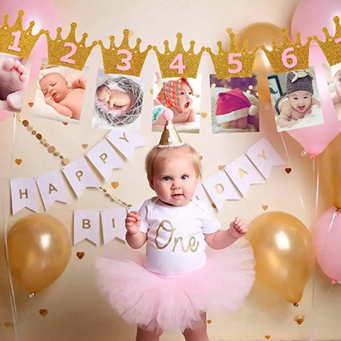 gold pink 12 месяцы фоторамка баннер первый декорации с днем рождения 1st для маленьких мальчиков и девочек в течение одного года вечерние поставки, розовые, серебристые, золотые - Цвет: gold pink