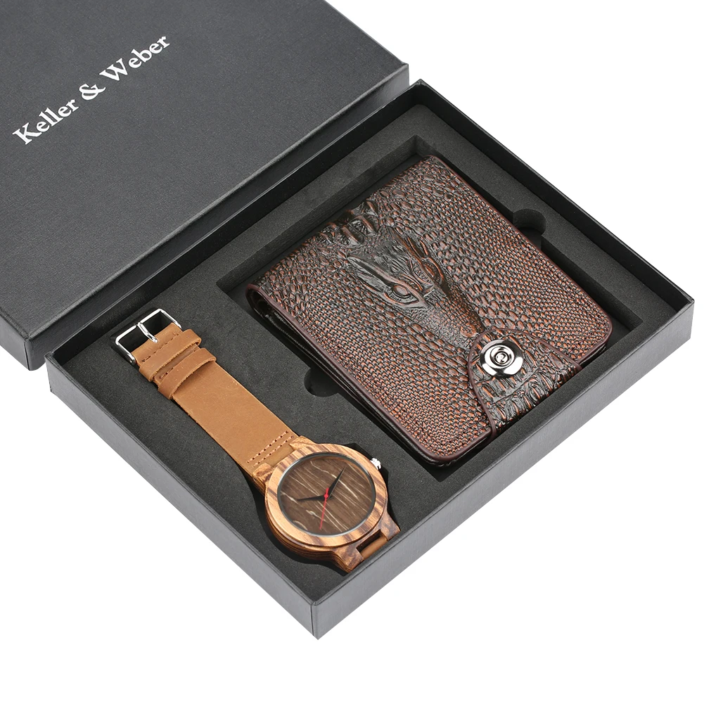 

Wallet Watch Set Men's Leather Wooden Wristwatch Crocodile Pattern Credit Card Holder Purses Wallet Friends Christmas Gift Set