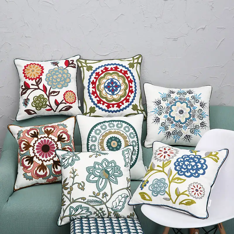 

crewel Canvas embroidered pillow Vintage Embroidery Pillow case Cushion Cover Ethnic National Handmade Flower Boho