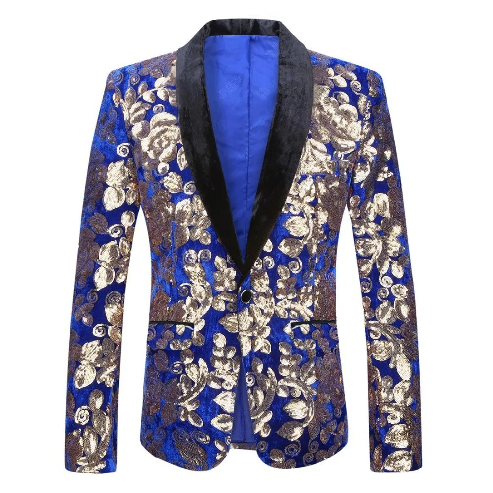only blazer PYJTRL мужской Стильный платок с лацканами Королевский Синий Бархат Slim Fit Блейзер размера плюс 5XL золотые Цветочные Блестки DJ певица Свадебный костюм куртка - Цвет: only blazer