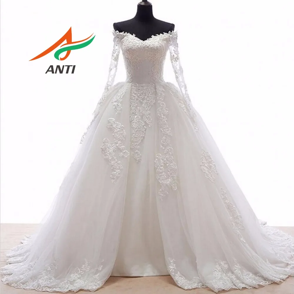 

ANTI Elegant Ball Gown Wedding Dress With Long Sleeves Tull Appliques Custom Made 2 Wings Open Train Robe De Mariee Bridal Gown