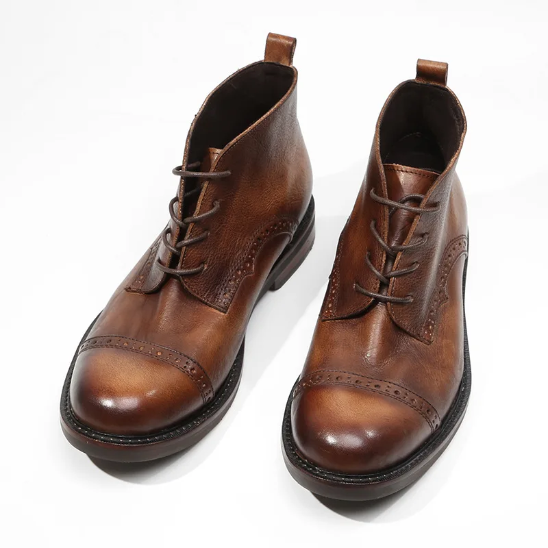 Мужские Винтажные ботильоны из натуральной кожи черные ботинки с закругленным