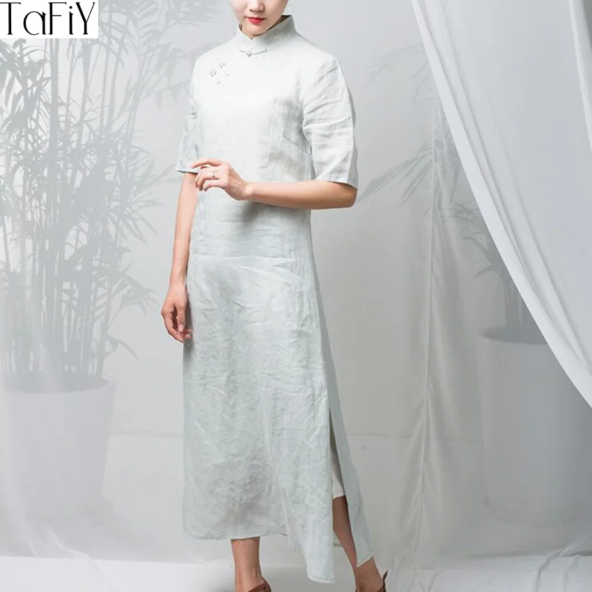 TaFiY 2017 весенне-летние платья воротник-стойка половина рукава пуговицы винтажное
